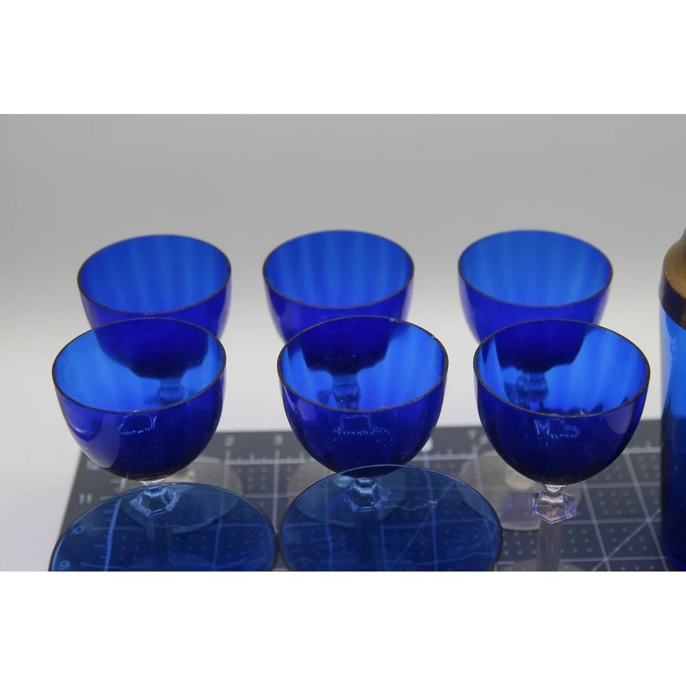 Vintage Cobalt Blue Glass Cocktail Shaker Set with 10 Glasses Gold tone Lid